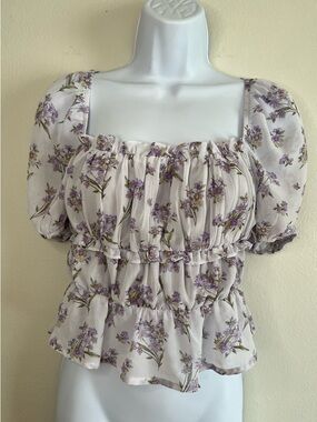 Lumiere Floral Puff-Sleeve Crop Top Blouse